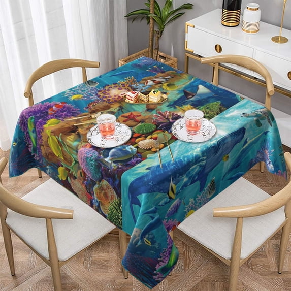 Wukai Sea World Waterproof Tablecloth for Kitchen Dining, Fits Square Tables for 2-4 Seats -54"x54"