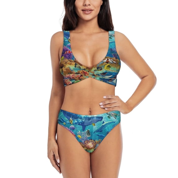 Wukai Sea World Women's Bikini Set Two Piece,wimsuit High Waisted V Neck Twist Front Adjustable Spaghetti Straps Bathing Suit-Large