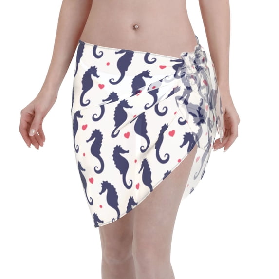 Wukai Seahorses and Hearts Women’s Short Sarongs Beach Wrap Bikini Bottom Short Skirt Chiffon Scarf for Swimwear