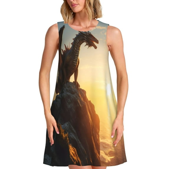 Wukai Seaside Sunset Cool Dragon Print Women's Sleeveless Dress, Loose Fit Casual Dress for Women, Comfortable Sleeveless Summer Dress