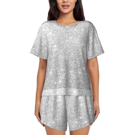 "Wukai Silver Glitter Women's Pajama Set - Short-Sleeve Top and Shorts with Elastic Waistband and Pockets for Loungewear, Yoga, and Casual Wear-Medium