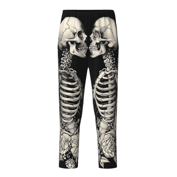 Wukai Skeletons Love Flowers Print Teenagers' Pajama Pant Sleep Pajama Lounge Pant PJ Bottoms with Pockets and Button Fly(Available in Big & Tall)-Small