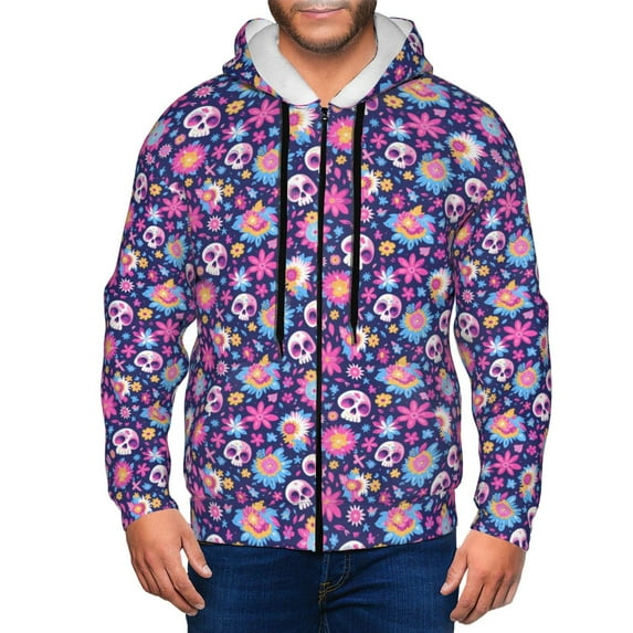 Wukai Skull Blue Flower Print Men's Zip-Up Hoodie,Fleece Full-Zip Hoodie for Men, Hooded Sweatshirt-XX-Large