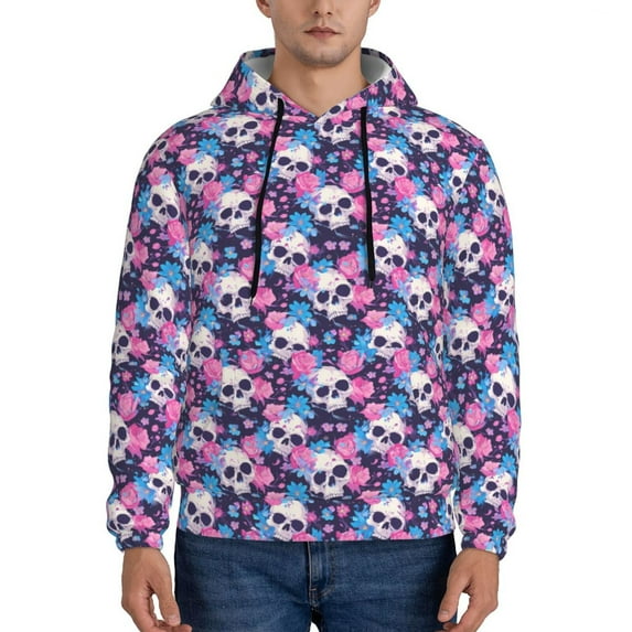 Wukai Skull Flower Blue Print Men Hoodies Fleece Sweatshirts Long Sleeve Sweaters Pullover Fall Outfits Winter Clothes-XX-Large