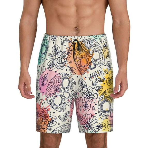 Wukai Skull and Flowers Men’s Short Pajama Pants With Pockets Soft Sleep Pj Shorts for Men-Medium