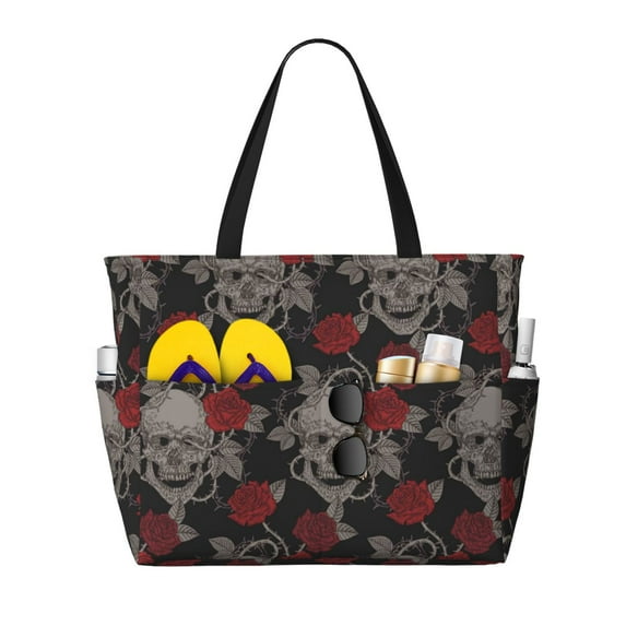 Wukai Skull and Red Roses Print Zipper Bag,large Beach Tote Bag,Waterproof Sandproof Bag,Grocery and Picnic Tote Travel Bag