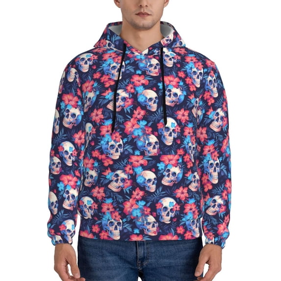 Wukai Skull flower blue Print Men Hoodies Fleece Sweatshirts Long Sleeve Sweaters Pullover Fall Outfits Winter Clothes-XX-Large
