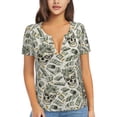 thumbnail image 1 of Wukai Skull with Cash Casual V-Neck Graphic Tees for Women: Lightweight and Breathable Summer Tops with Stylish Design-Large, 1 of 8