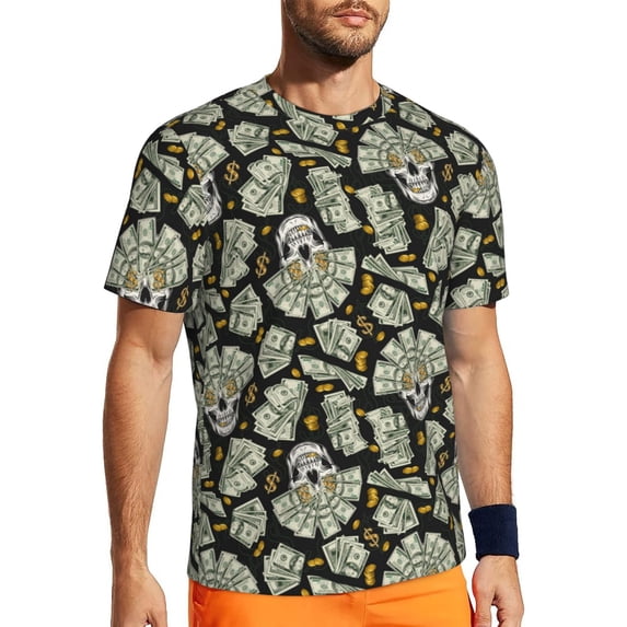 Wukai Skull with Dollar Print Men's Short-Sleeved Mesh T-Shirt,Quick-Dry Short Sleeve Workout T-Shirt-5X-Large