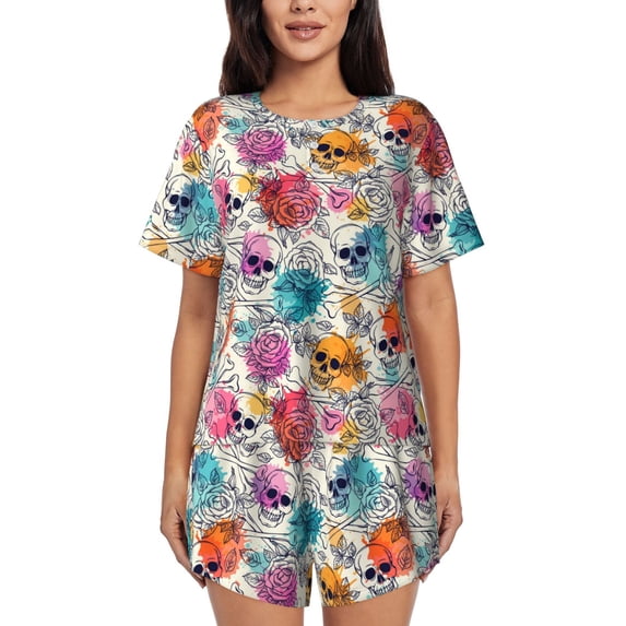 Wukai Skulls and Roses Women's Pajama Set,Short-Sleeve Top and Shorts with Elastic Waistband and Pockets for Loungewear, Yoga, and Casual Wear-XX-Large