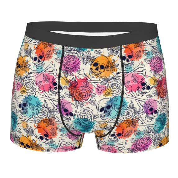 Wukai Skulls and Roses Print Men’s Underwear Breathable Boxer Briefs, Moisture Wicking & Breathable-Medium