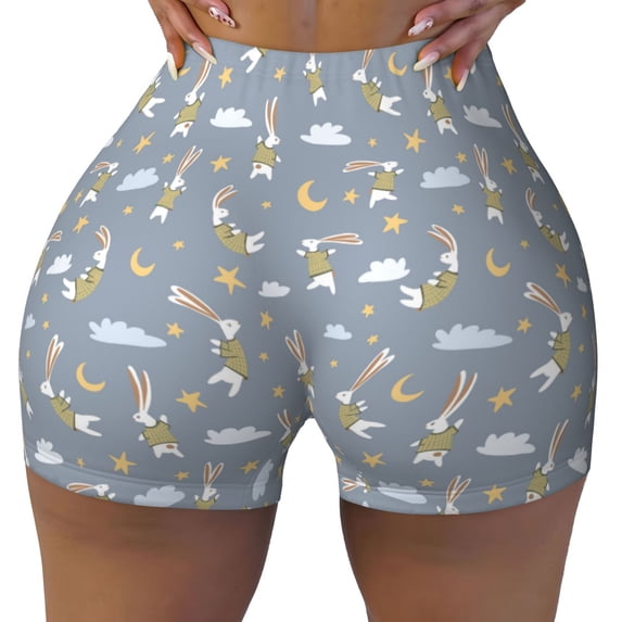 Wukai Sleep Rabbit Print Pack Biker Shorts for Women Yoga Workout Gym Running Scrunch Active Shorts-Medium