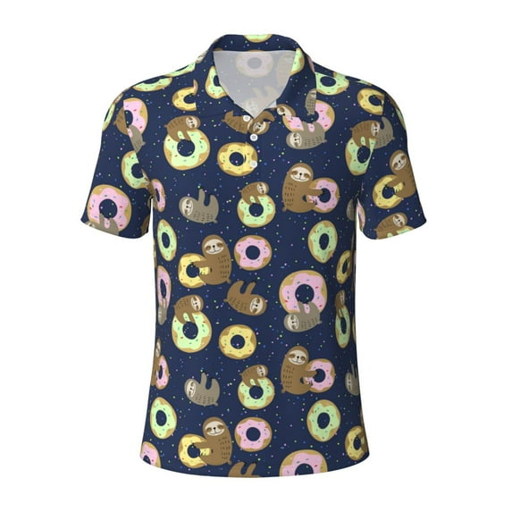 Wukai Sloth with Donuts Men’s Polo Shirts,Quick-Dry Athletic Shirt,Classic Fit Shirts-X-Large