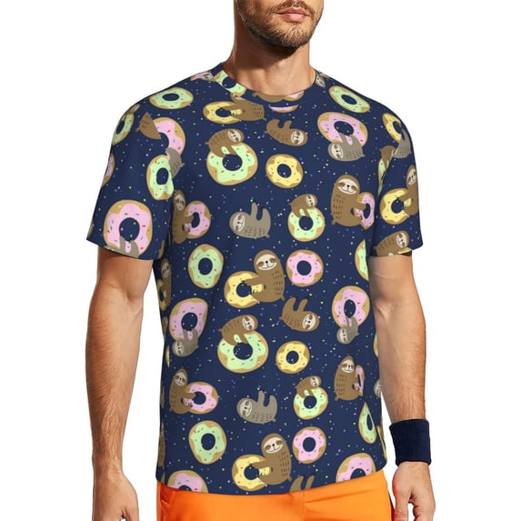 Wukai Sloth with Donuts Print Men's Short-Sleeved Mesh T-Shirt,Quick-Dry Short Sleeve Workout T-Shirt-5X-Large