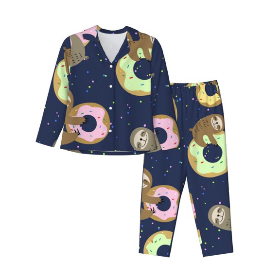 Wukai Sloth with Donuts Print Women's Pajama Set - Soft Long Sleeve Sleepwear for Comfort and Style-X-Large