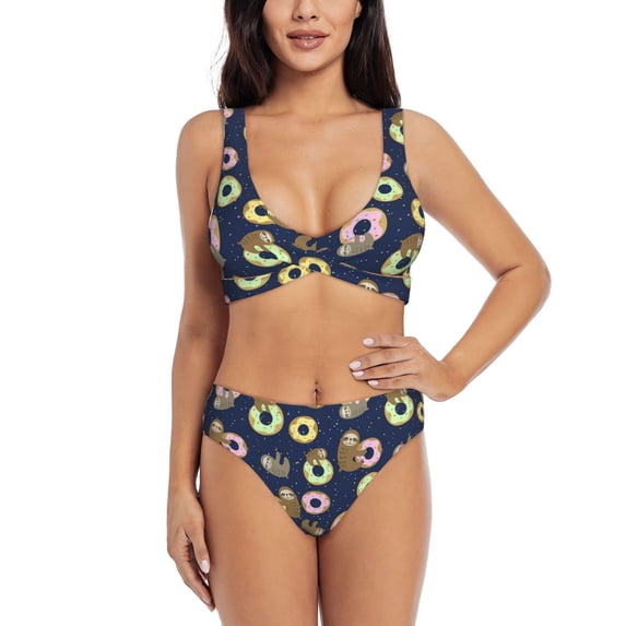 Wukai Sloth with Donuts Women's Bikini Set Two Piece,wimsuit High Waisted V Neck Twist Front Adjustable Spaghetti Straps Bathing Suit-XX-Large