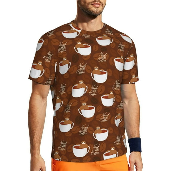 Wukai Sloths Need More Coffee Print Men's Short-Sleeved Mesh T-Shirt,Quick-Dry Short Sleeve Workout T-Shirt-X-Large