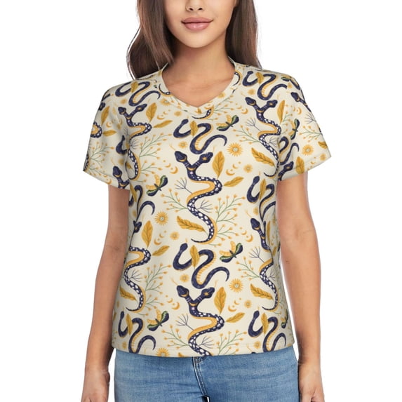 Wukai Snake And Floral Classic V-Neck T-Shirt for Women: Comfortable, Stylish, and Versatile Wardrobe Essential-Large