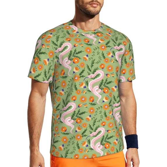 Wukai Snake And Floral Print Men's Short-Sleeved Mesh T-Shirt,Quick-Dry Short Sleeve Workout T-Shirt-Medium