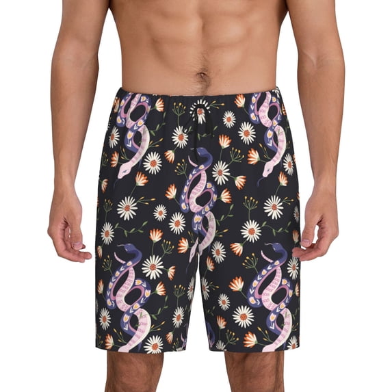 Wukai Snake And Floral1 Men’s Short Pajama Pants With Pockets Soft Sleep Pj Shorts for Men-X-Large