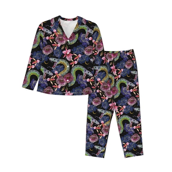 Wukai Snake And Flower Print Women's Pajama Set - Soft Long Sleeve Sleepwear for Comfort and Style-Small