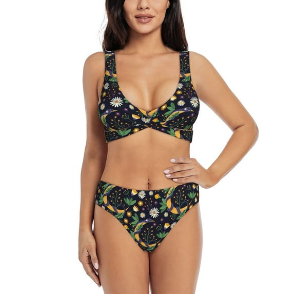 Wukai Snake And Flower Women's Bikini Set Two Piece,wimsuit High Waisted V Neck Twist Front Adjustable Spaghetti Straps Bathing Suit-Large