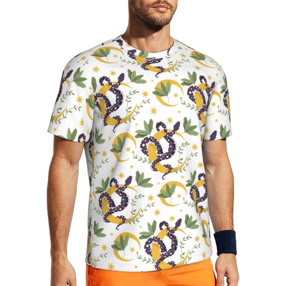 Wukai Snake And Moon Print Men's Short-Sleeved Mesh T-Shirt,Quick-Dry Short Sleeve Workout T-Shirt-X-Small