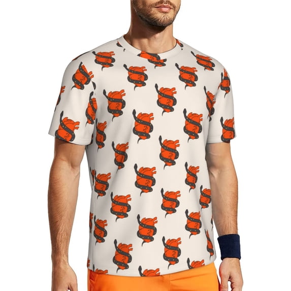 Wukai Snake Around Heart Print Men's Short-Sleeved Mesh T-Shirt,Quick-Dry Short Sleeve Workout T-Shirt-Large