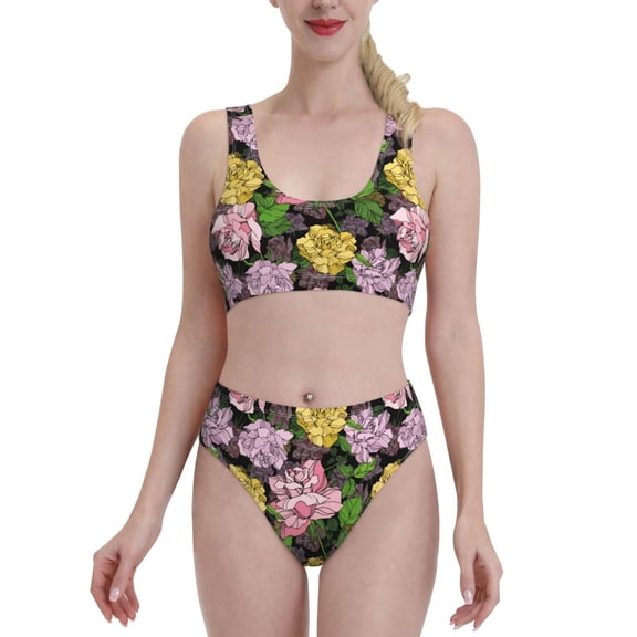 Vsdgher Womens High Waisted Bikini Sets Two Piece Swimsuit Colorful Roses Print Tummy Control Bathing Suit-