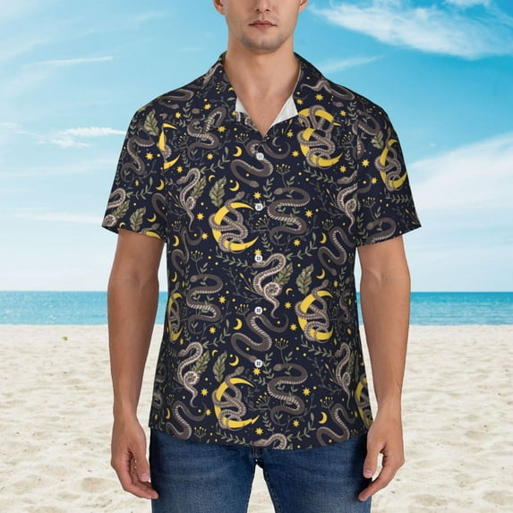 Wukai Snake Sleep Men's Hawaiian Shirt Short Sleeve Casual Button Down Summer Beach Aloha Shirt Tropical Print Holiday Party