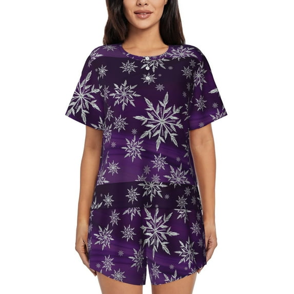"Wukai Snowflake Gradient Purple Women's Pajama Set - Short-Sleeve Top and Shorts with Elastic Waistband and Pockets for Loungewear, Yoga, and Casual Wear-4X-Large