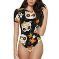 thumbnail image 1 of Naloa Cat Skulls and Flowers Women's Short-Sleeved Onesie, One-Piece Swimsuit for Parties, dates, clubs - Medium, 1 of 9