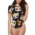 thumbnail image 1 of Naloa Cat Skulls and Flowers Women's Short-Sleeved Onesie, One-Piece Swimsuit for Parties, dates, clubs - XX-Large, 1 of 9