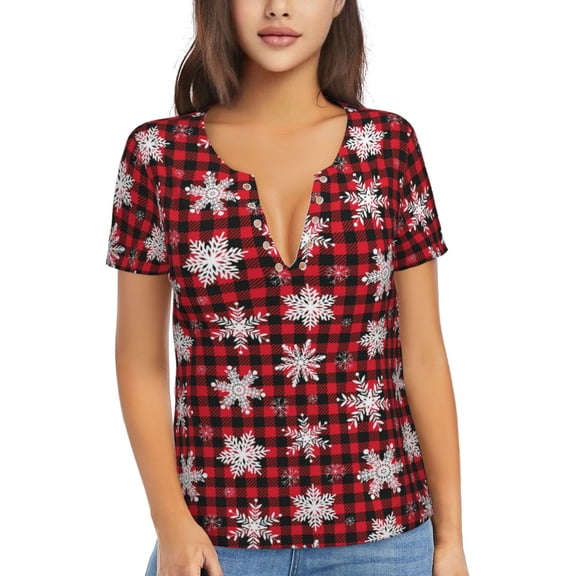 Wukai Snowflakes On A Buffalo Plaid Christmas Casual V-Neck Graphic Tees for Women: Lightweight and Breathable Summer Tops with Stylish Design-Small