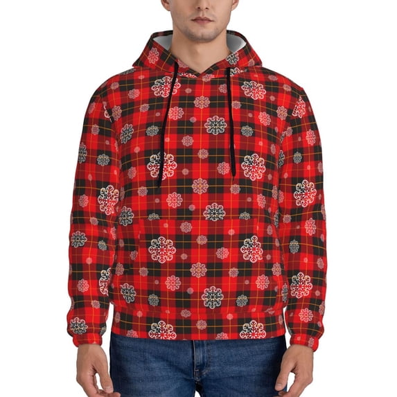 Wukai Snowflakes On A Buffalo Plaid Print Men Hoodies Fleece Sweatshirts Long Sleeve Sweaters Pullover Fall Outfits Winter Clothes-X-Large