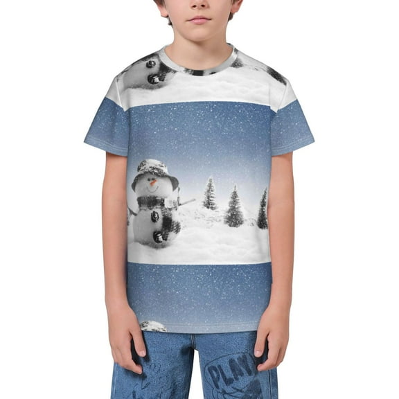 Wukai Snowman And Christmas Tree Youth Unisex Short Sleeve T-Shirt for Boys, Girls, Teens, and Kids-Medium
