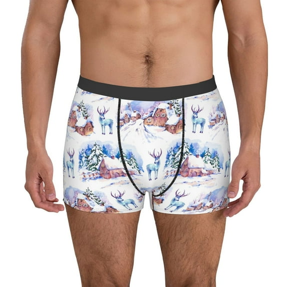 Wukai Snowy Cottage Holiday Scene Print Men’s Underwear Breathable Boxer Brief for Men, Moisture Wicking & Breathable-Small