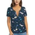 thumbnail image 1 of Wukai Space Dinosaur Casual V-Neck Graphic Tees for Women: Lightweight and Breathable Summer Tops with Stylish Design-Small, 1 of 8