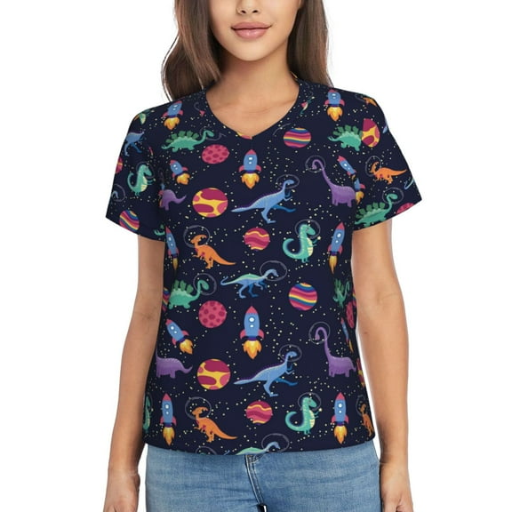 Wukai Space Dinosaur Classic V-Neck T-Shirt for Women: Comfortable, Stylish, and Versatile Wardrobe Essential-Small