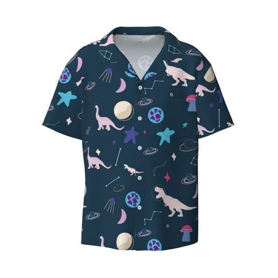 Wukai Space Dinosaur Men's Casual Short-Sleeve Button Down Shirt - Lightweight Summer Dress Shirt for Daily Wear-Medium