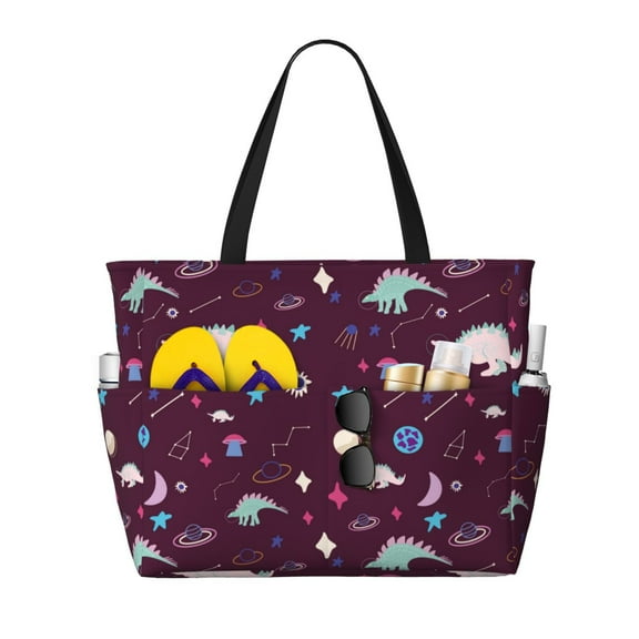 Wukai Space Dinosaur Print Zipper Bag,large Beach Tote Bag,Waterproof Sandproof Bag,Grocery and Picnic Tote Travel Bag