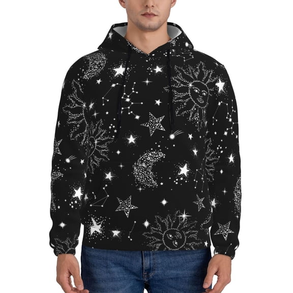 Wukai Space Galaxy Print Men Hoodies Fleece Sweatshirts Long Sleeve Sweaters Pullover Fall Outfits Winter Clothes-Small