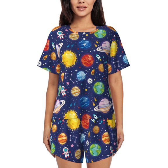 "Wukai Space Planet Women's Pajama Set - Short-Sleeve Top and Shorts with Elastic Waistband and Pockets for Loungewear, Yoga, and Casual Wear-4X-Large