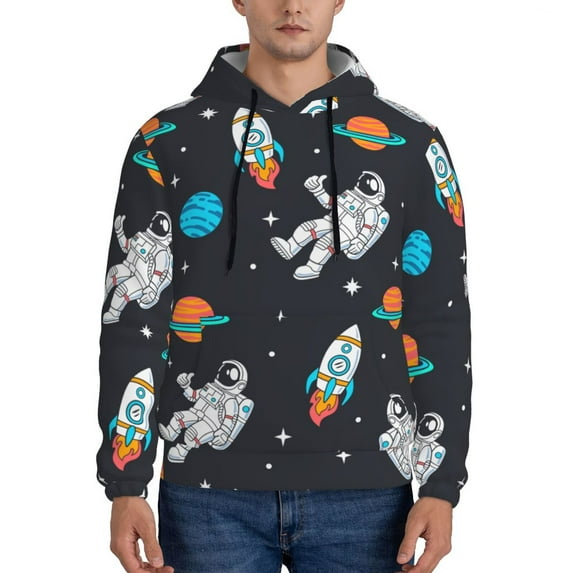 Wukai Space Print Men Hoodies Fleece Sweatshirts Long Sleeve Sweaters Pullover Fall Outfits Winter Clothes-X-Large