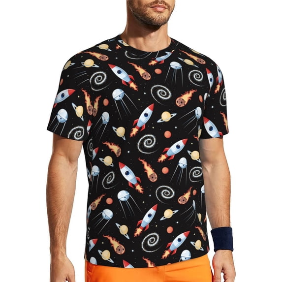 Wukai Space Rocket Print Men's Short-Sleeved Mesh T-Shirt,Quick-Dry Short Sleeve Workout T-Shirt-