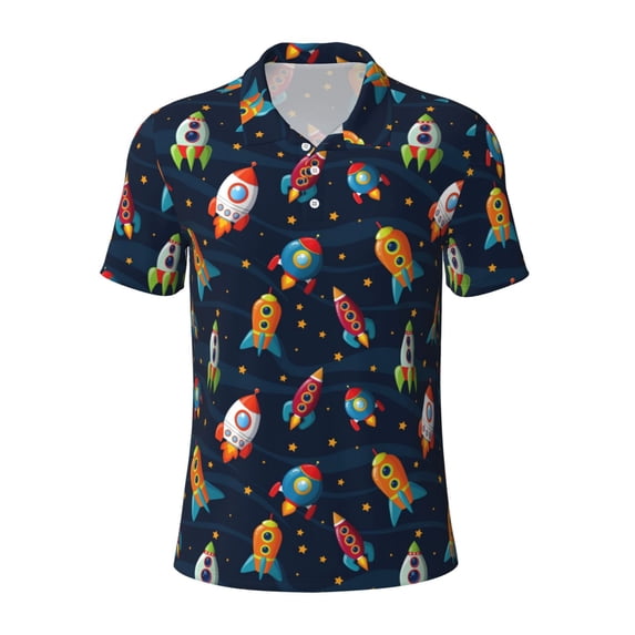 Wukai Spaceships and Stars Men’s Polo Shirts,Quick-Dry Athletic Shirt,Classic Fit Shirts-Large