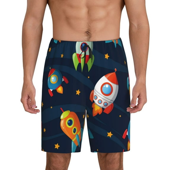 Wukai Spaceships and Stars Men’s Short Pajama Pants With Pockets Soft Sleep Pj Shorts for Men-3X-Large