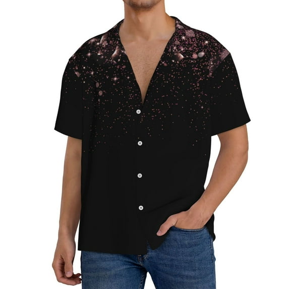 Wukai Sparkling Pink Night Sky Men's Casual Short-Sleeve Button Down Shirt,Cuban Shirts for Men,Mens Short Sleeve Dress Shirts-Medium