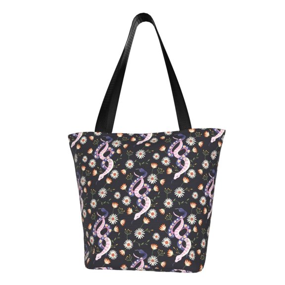 Vsdgher Snake And Floral1 print Reusable Shopping Grocery Bags for Women Shopping with Pouch Foldable Pouch Lightweight Polyester Fabric