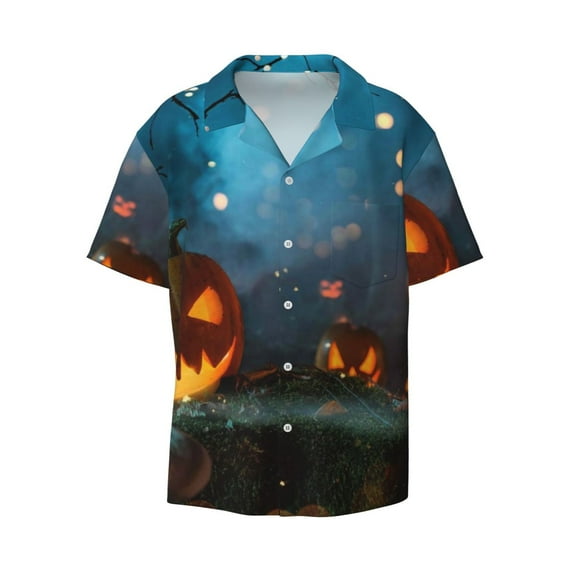Wukai Spooky Halloween Men's Casual Short-Sleeve Button Down Shirt - Lightweight Summer Dress Shirt for Daily Wear-Large